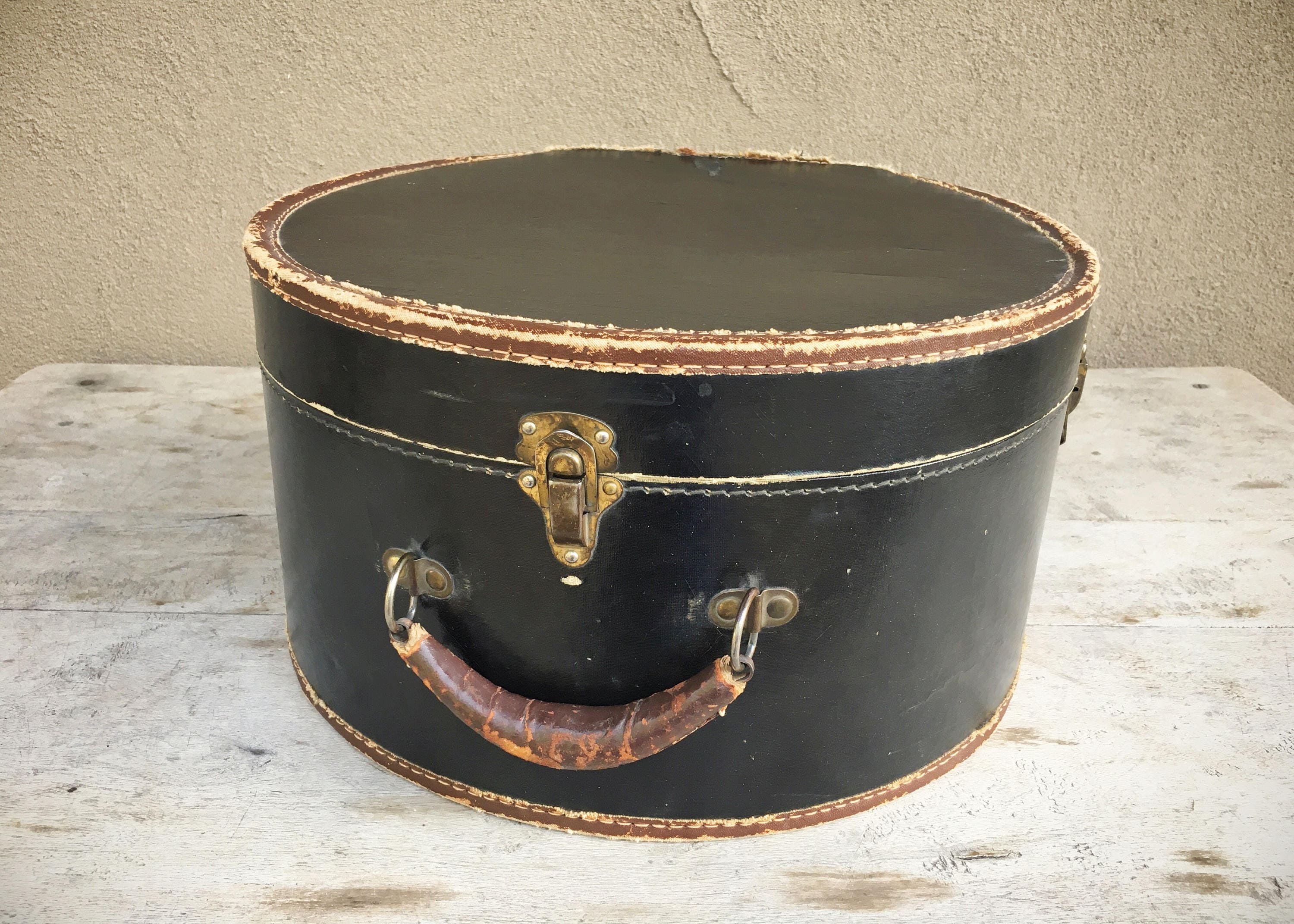 Victorian hat box luggage black with brown leather trim antique train case  photo prop