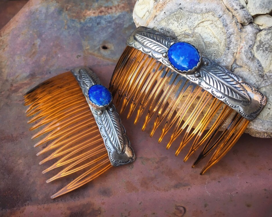 Pair of Vintage Sterling Silver and Denim Lapis Hair Combs, Native ...