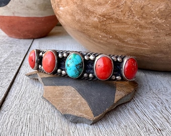 Five Stone Turquoise Coral Row Bracelet Approx Size 6.75 62g, Navajo Old Pawn