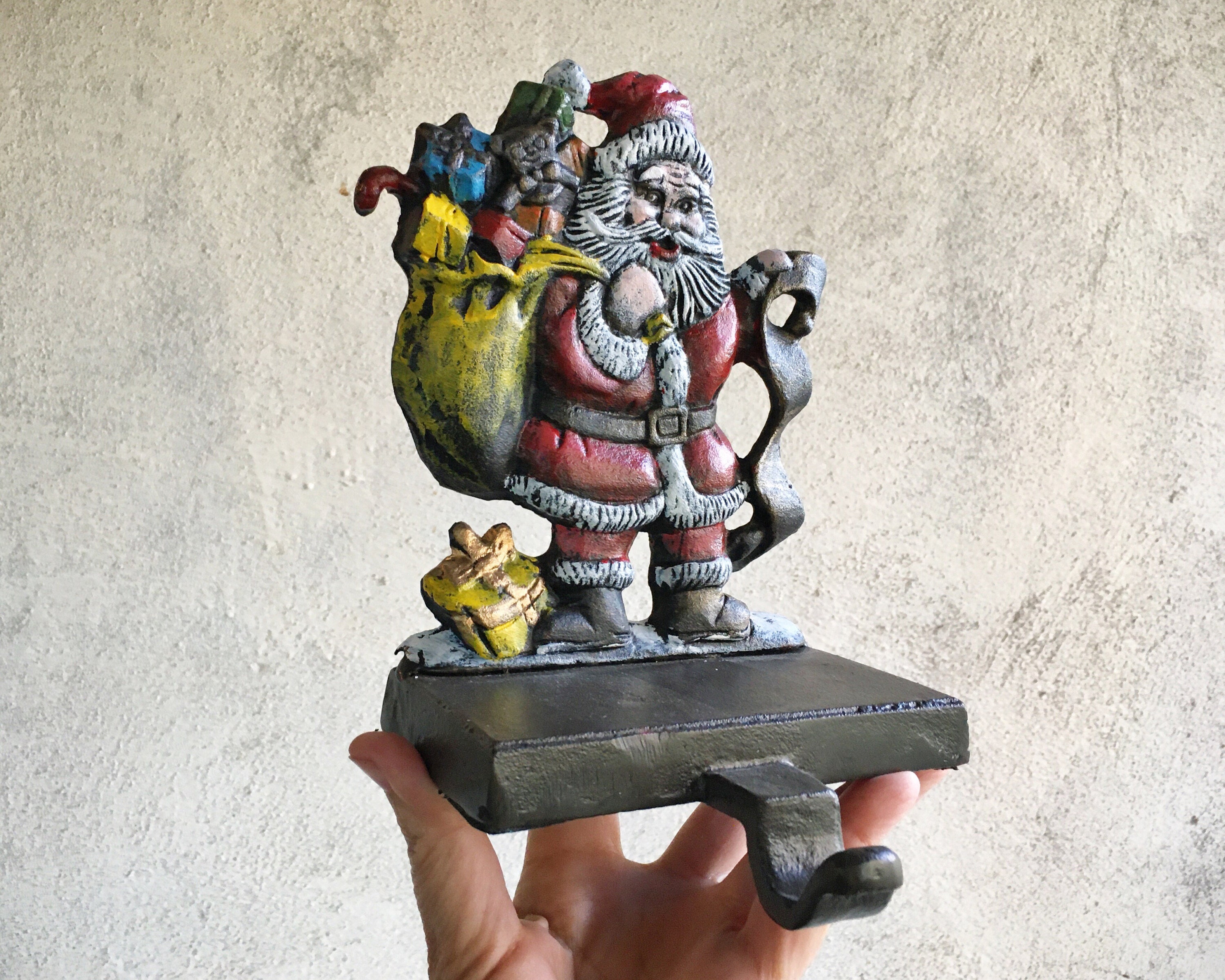 Three Cast Iron Santa Claus Stocking Holders for Mantle, Vintage