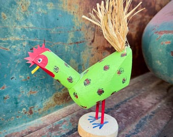 Signed Navajo Green Painted Wood Chicken, Approx 5.5" Tall, Native American Folk Art Carving