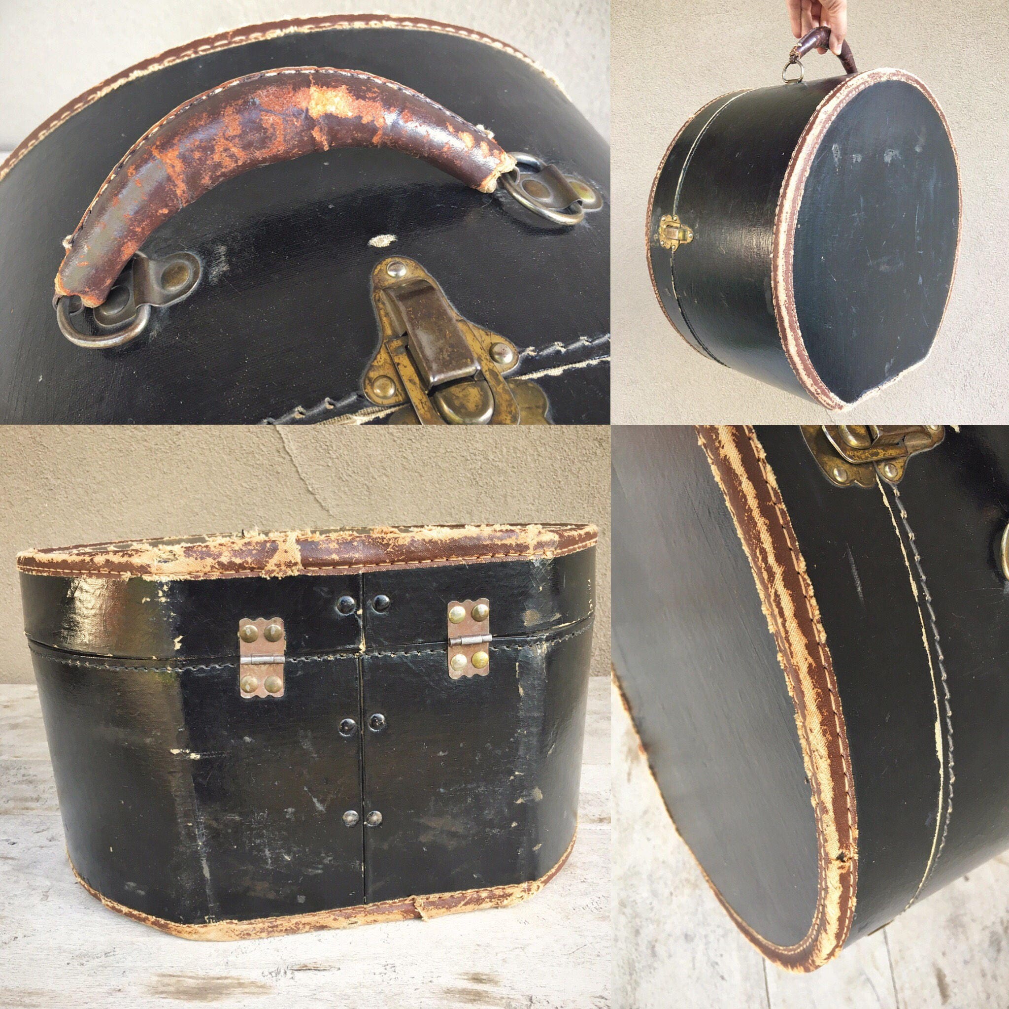 Victorian hat box luggage black with brown leather trim antique train case  photo prop