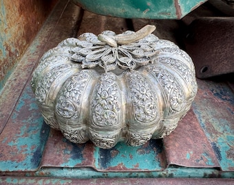 Silver-Plated Pumpkin Shaped Trinket Box, Cambodian Style Repousse Chasing