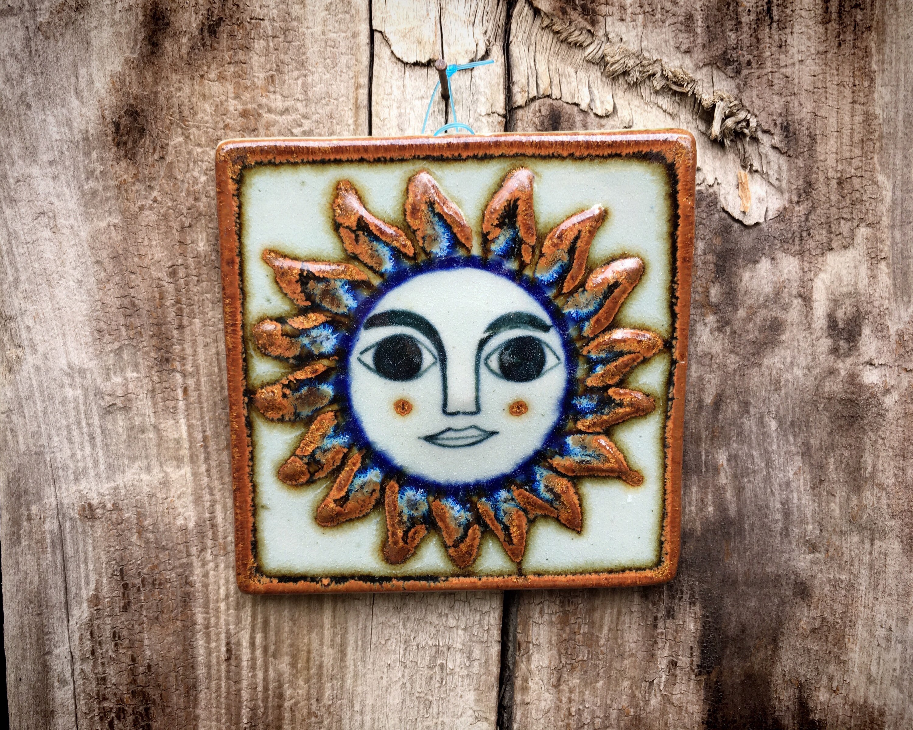 Small 4x4 Vintage Mexican Ceramic Tile Wall Hanging of Sun Face, Rustic