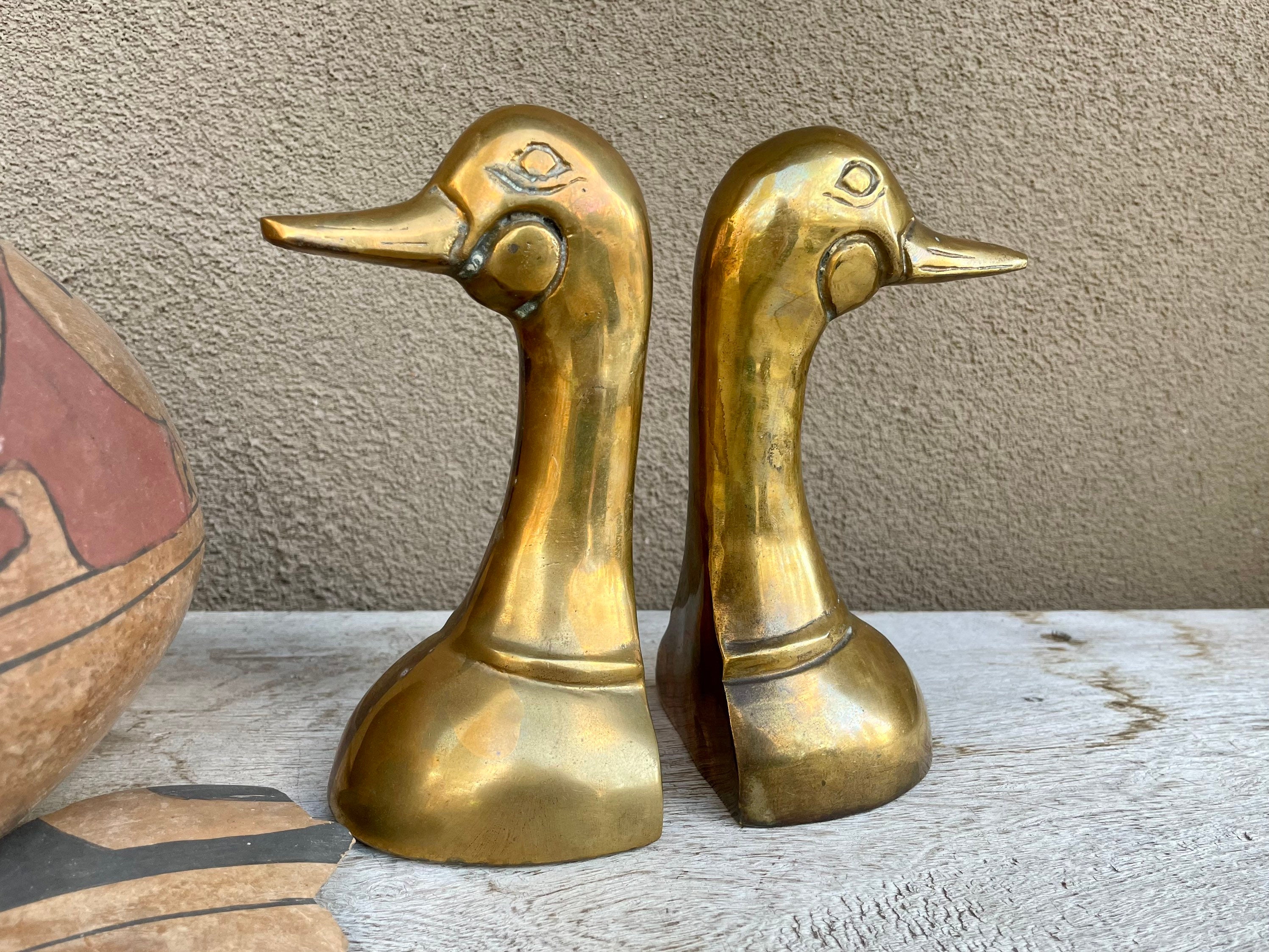 Vintage Brass Duck Head Bookends, Hollywood Regency Golden Decor, Outdoorsman Gift for Men