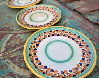 Four Vintage Small Approx 6" Saucers Dessert Plates, Faded & Varied Green Design, Puebla Pottery