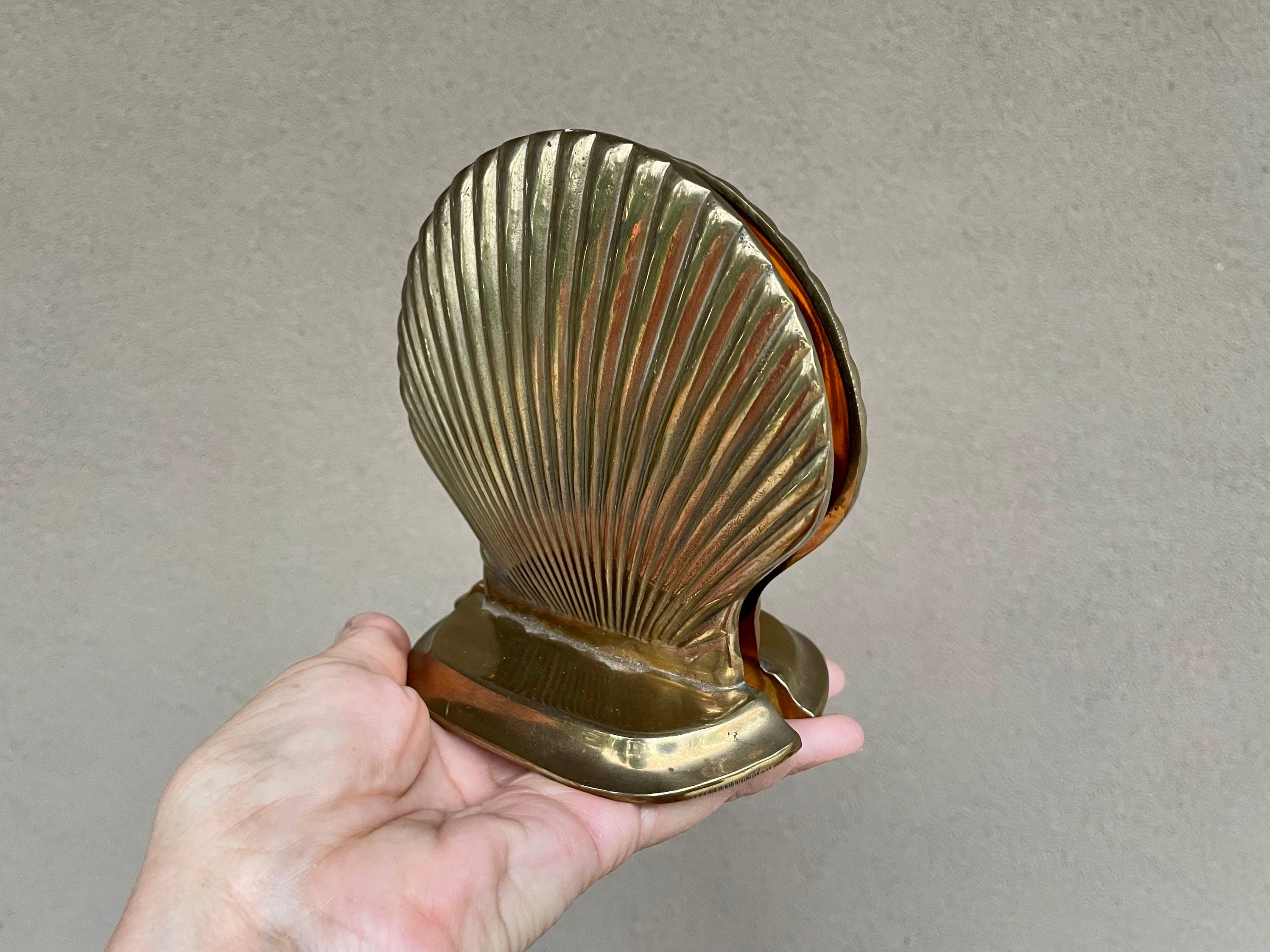 Set of Vintage Brass Clamshell Bookends, Medium-Small Scalloped
