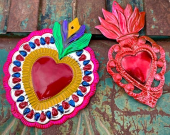 Two Mexican Tin Ornaments of Sacred Heart, Wall Hangings for Bohemian Southwestern Home Altar Art