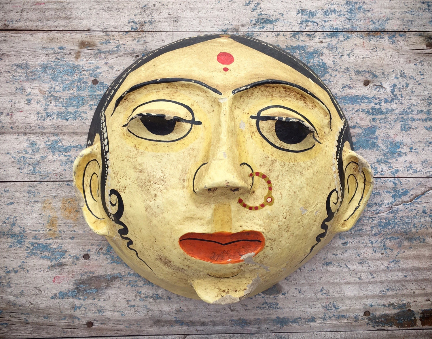 Large vintage Indian paper mache mask, handmade hand-painted folk art Hindu  god goddess mask, Andhra Pradesh wall hanging, folk art mask