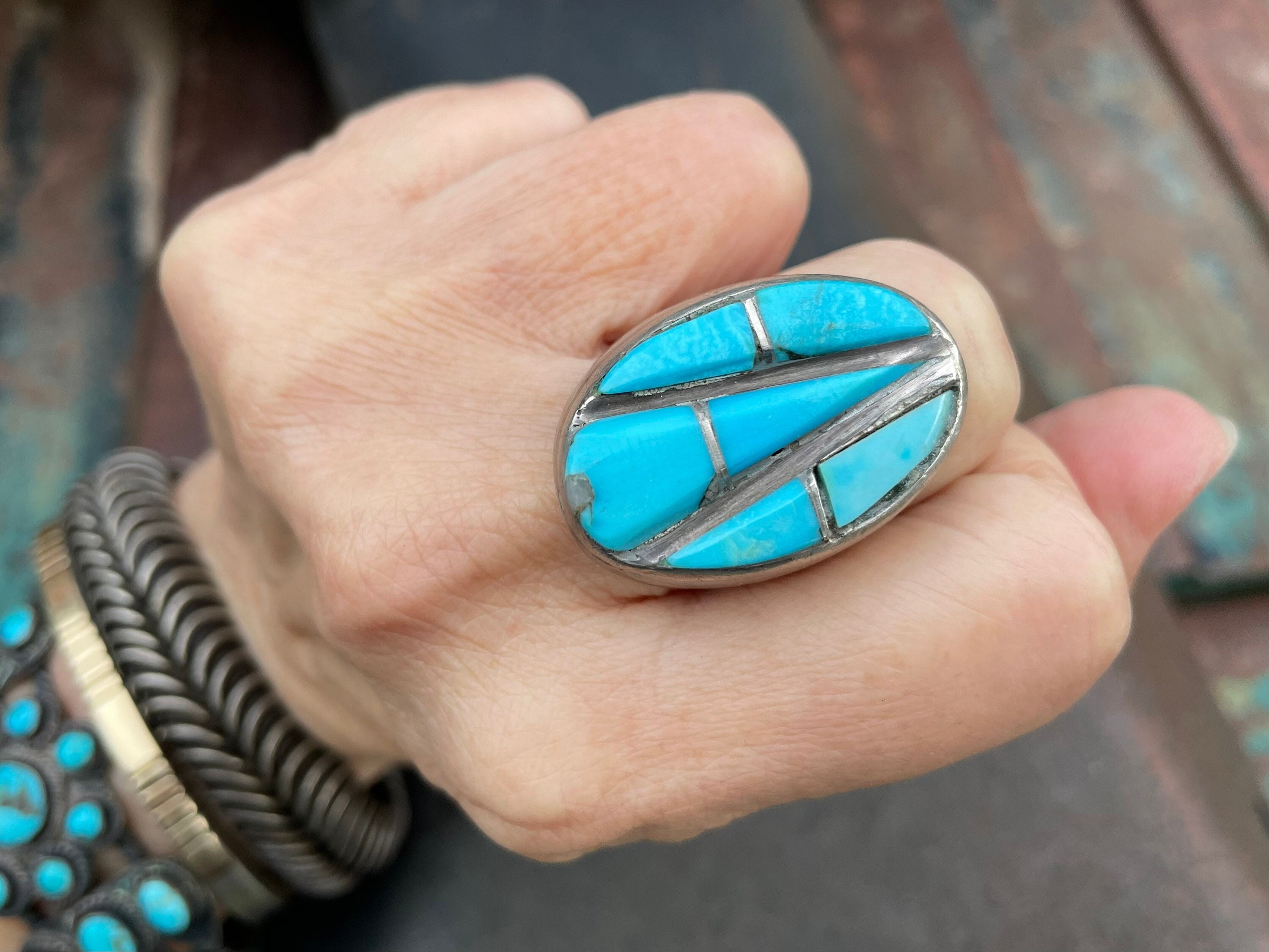 Native American Heavy Space Inlay Navajo Turquoise Sterling Silver Ring Native American Heavy Space Inlay Navajo Turquoise Sterling Silver Ring