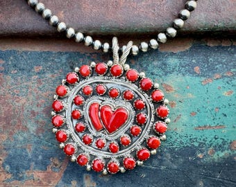 Navajo Elgin Hoskey Coral Double Heart Pendant, Optional Choker Length Navajo Pearls Necklace