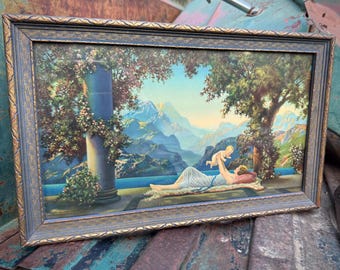 1925 Framed Lithograph Mother & Child by R. Atkinson Fox 15.75 x 9.75, Maxfield Parrish Style
