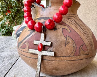 Navajo Ira Custer Tufa Cast Isleta Cross Pendant 3.75" on Artisan Necklace Apple Coral Beads
