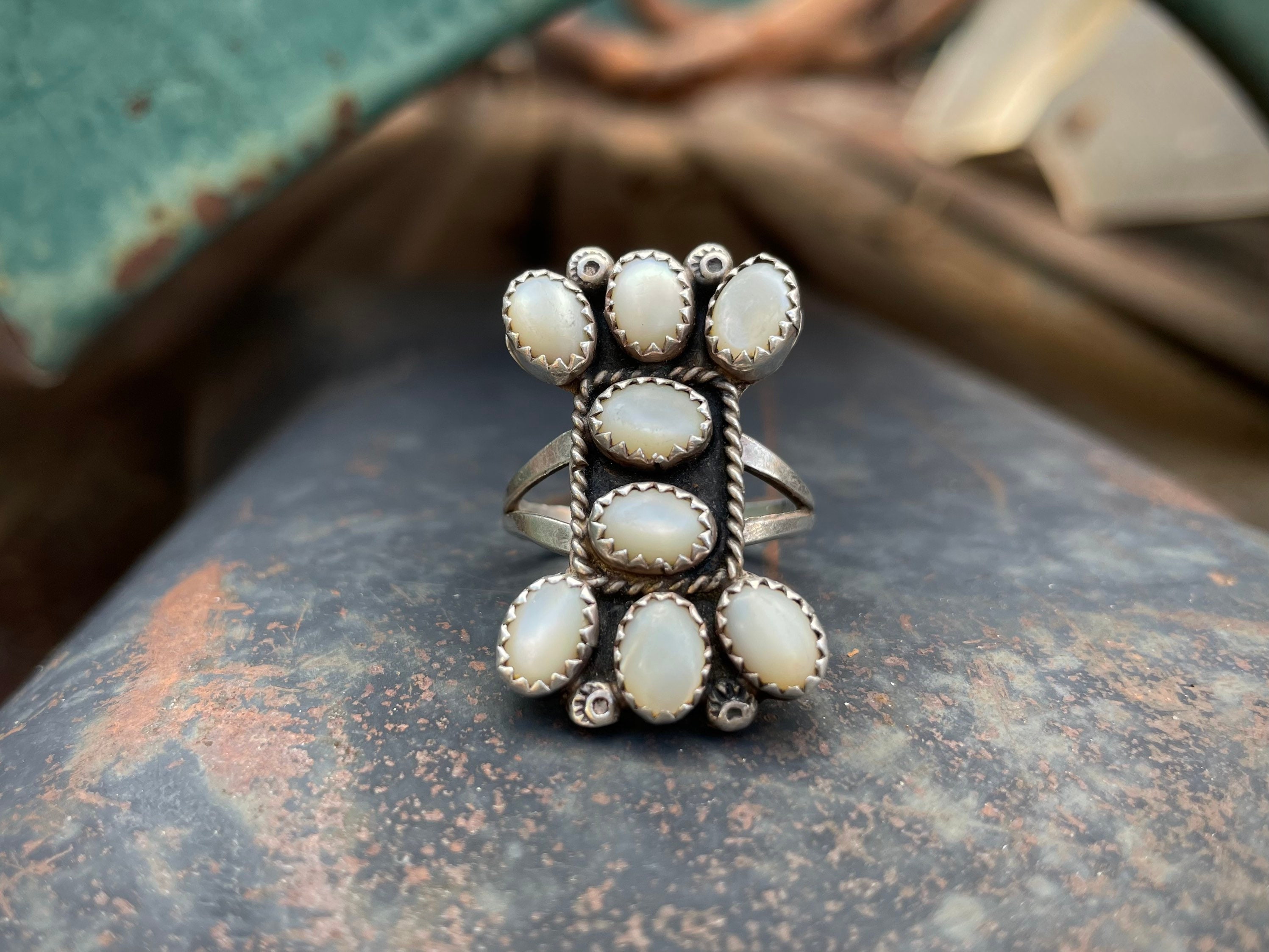 Whimsical Vintage Navajo Native American Turquoise Pearl Sterling Silver Ring Whimsical Vintage Navajo Native American Turquoise Pearl Sterling Silver Ring
