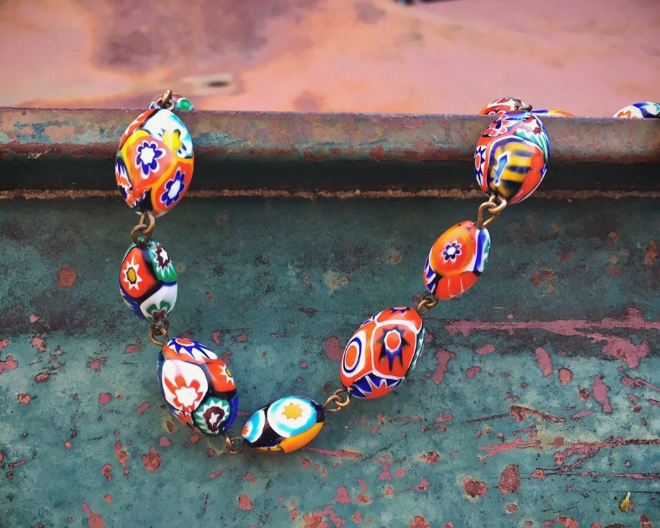 Vintage Millefiori Glass Beaded Choker Necklace, Italian Glass Beads