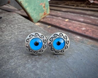 Vintage Sterling Silver Glass Eyeball Cuff Links, Nazar Eye Believed to Deflect Envy