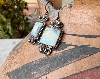 Vintage Sterling Silver Striated White-Gray Jasper Dangle Earrings, Square Shape