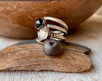 Lilly Barrack Sterling Silver Wraparound Ring with Black Onyx Herkimer Diamond and Gray Druzy