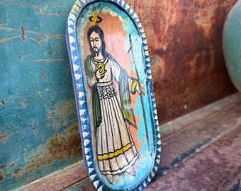 Small Carved Wood Wall Hanging of St. Jude, 3.5 x 7.25, Mexican Saint Religious Folk Art
