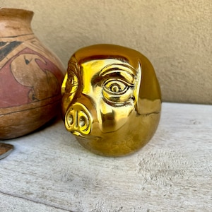 Vintage Lacquered Brass Pig Money Bank with Rubber Stopper, Hog Lover Gift Collectible