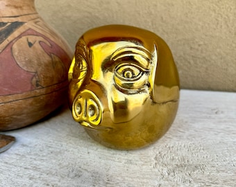 Vintage Lacquered Brass Pig Money Bank with Rubber Stopper, Hog Lover Gift Collectible