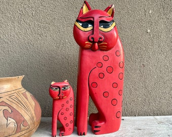 Vintage Laurel Burch Wood Mama Cat 14" and Kitten 6", Carved Painted, Gift for Leo, Bohemian Decor