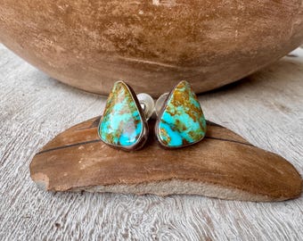 Simple Sterling Silver Turquoise Post Earrings Approx .75", Vintage Southwestern Jewelry