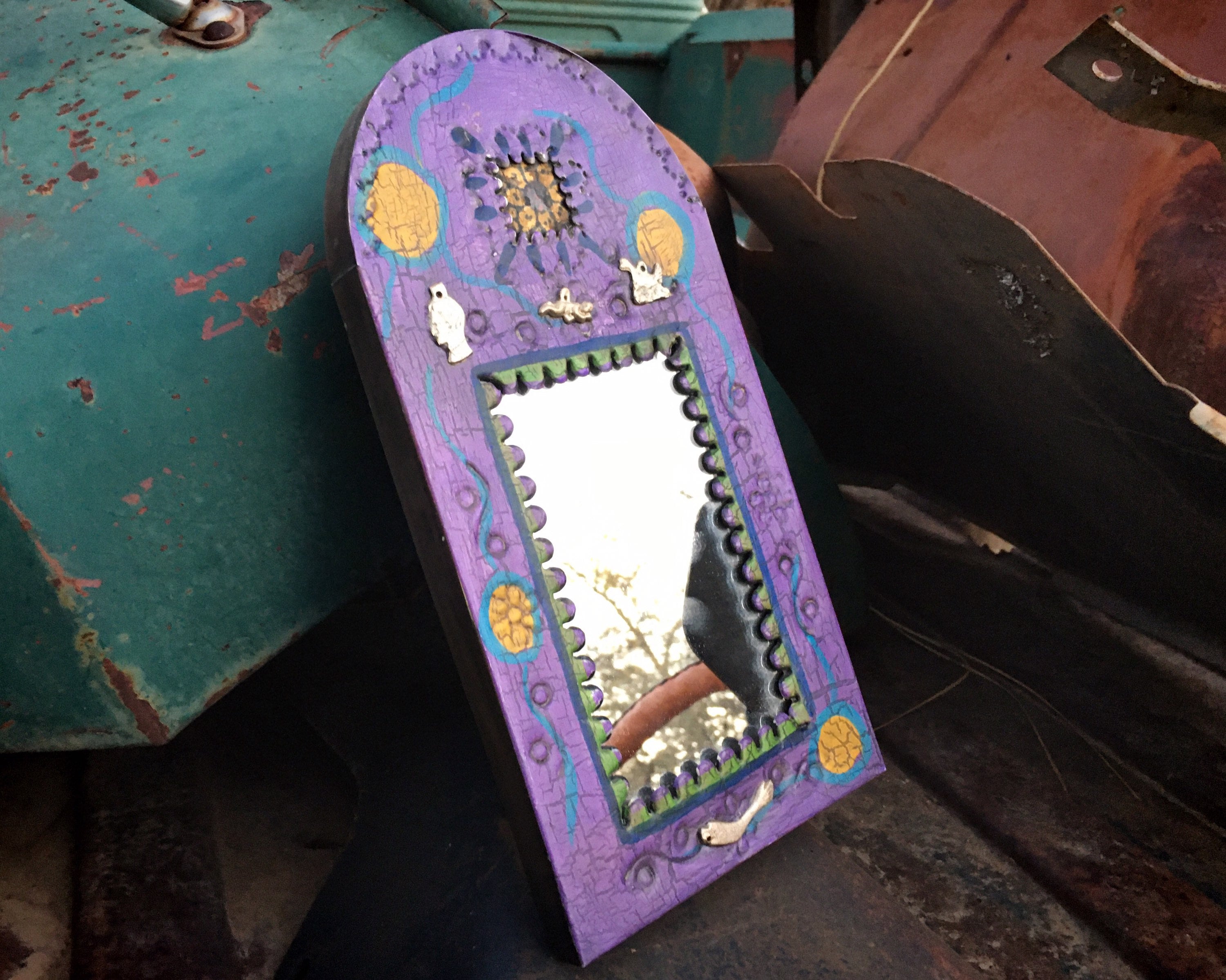 Small Mexican Tin Wall Mirror Painted Purple with Milagros, Folk Art