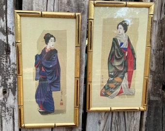 Pair of Vintage Japanese Silk Paintings with Faux Bamboo Frame, Geisha Girls, Chinoiserie Decor