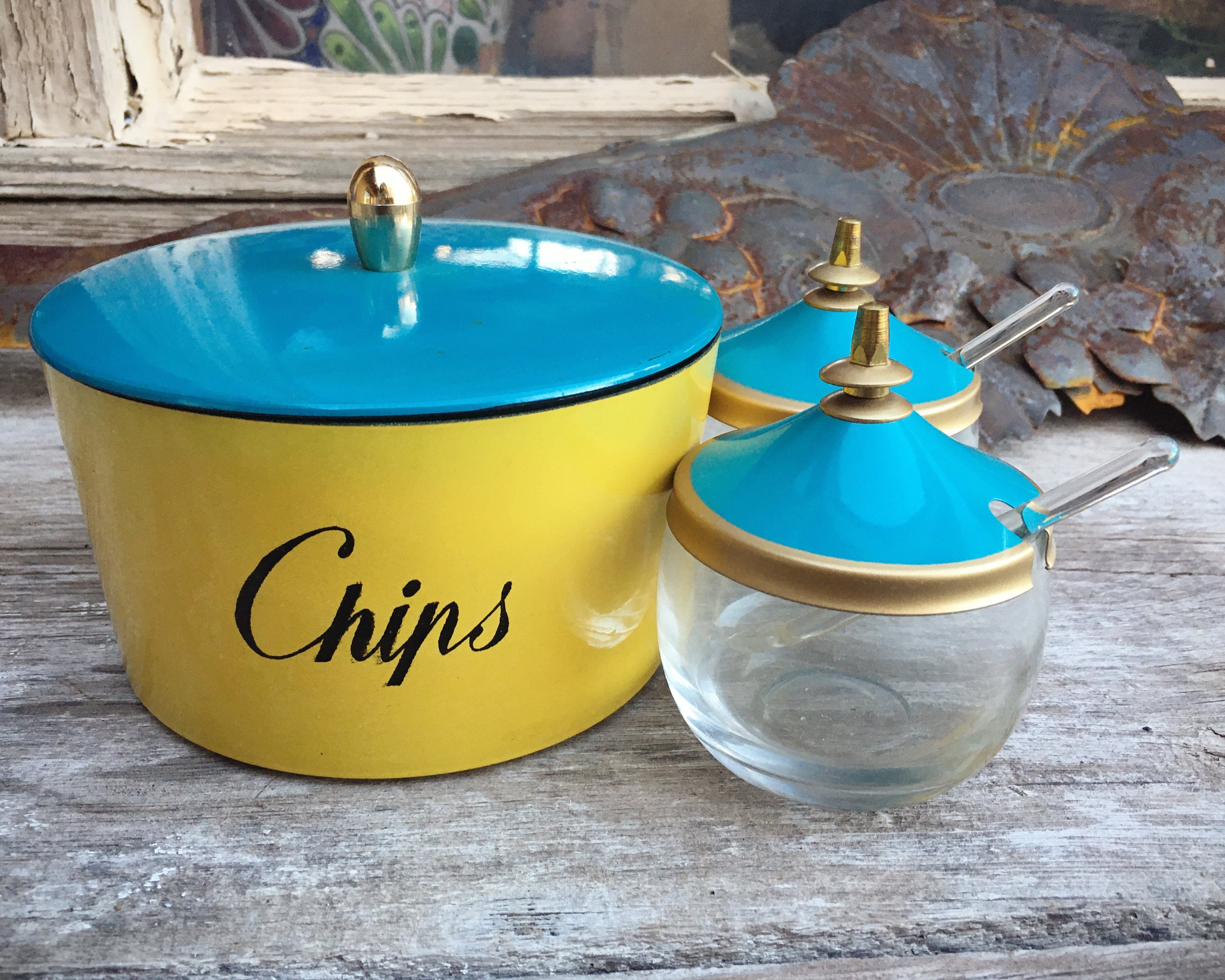 Mid Century Stackable Snack Bowls with Glass Mustard Servers Spoons