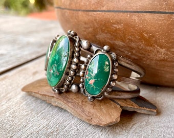 60g Natural Green Turquoise Navajo Row Bracelet for Small Wrist, Approx Size 6, Native American Indian Jewelry, Rodeo Style Gift for Wife