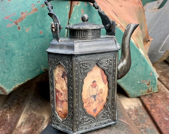 Antique Shantou Metal Teapot with Glass Covered Panels Lithograph Prints, Embossed Mark