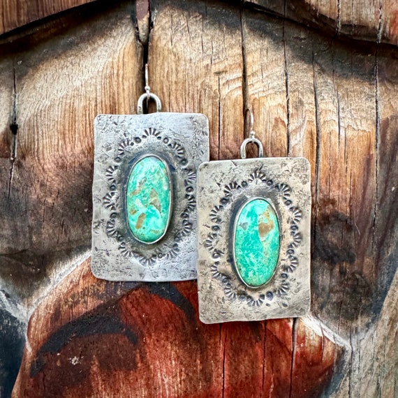 Large Rectangle Stamped Silver Turquoise Dangle Ea