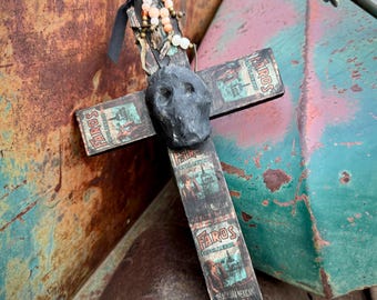 Vintage Robert J. Kaczmarek Collage Art Cross Wall Hanging w/ Milagros, Faros Decoupage