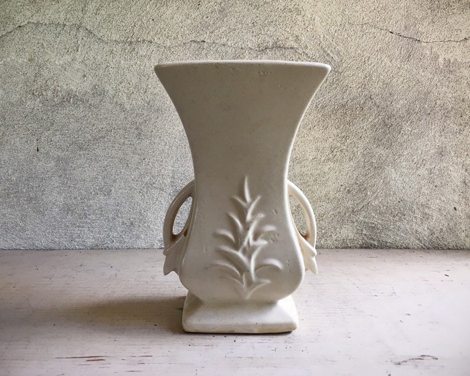 Vintage McCoy Pottery Vase Matte White Double Handle Vase Leaf Art Deco