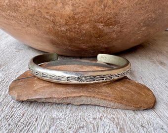Vintage Stamped Silver Narrow Bracelet Size 6.375 20g, Thin Stacking Cuff Southwestern