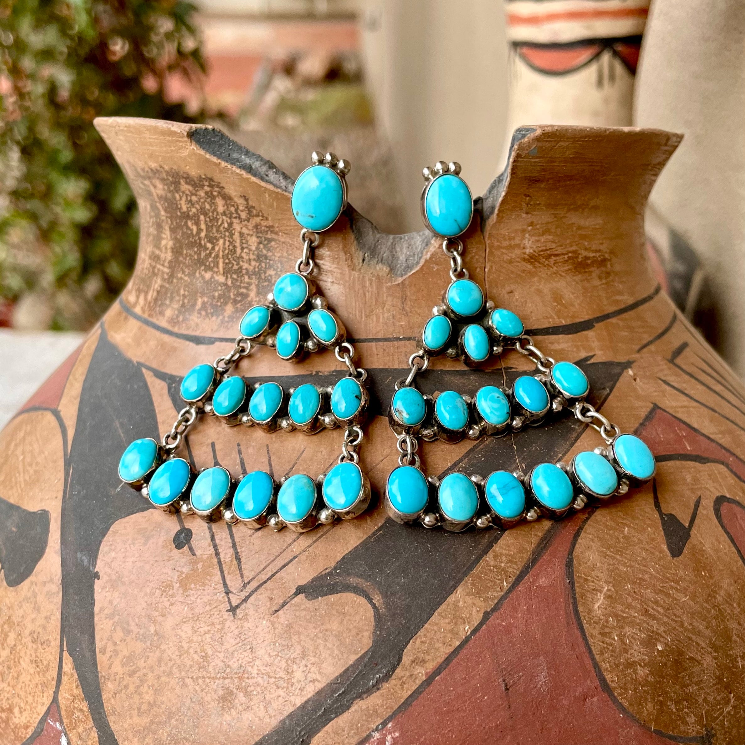 Tremendous Native American Zuni Chandelier Turquoise Sterling Silver Earrings Tremendous Native American Zuni Chandelier Turquoise Sterling Silver Earrings