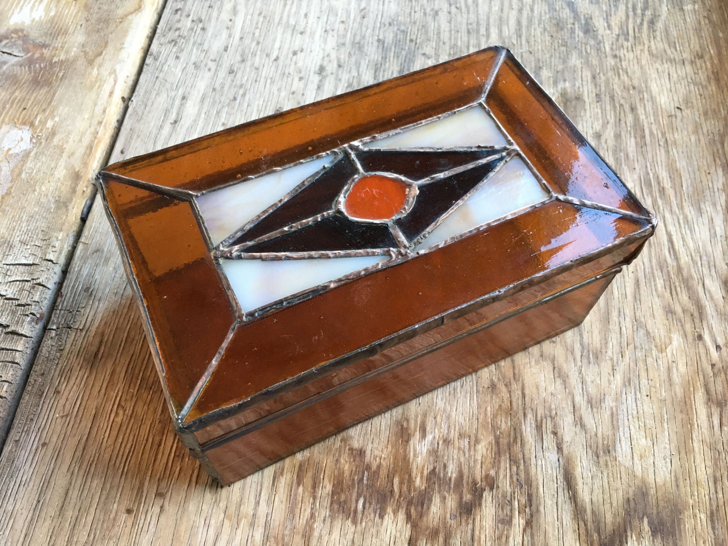 1970s 9 wide stained glass jewelry box, amber glass copper trinket box