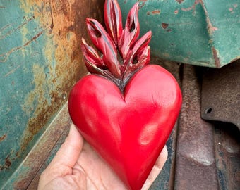 Three-Dimensional Sacred Heart Carved Wood Wall Art, Vintage Mexican Folk Art, Rustic Decor