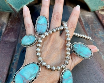 Vintage Smoky Bisbee Turquoise Necklace 18" and Matching Ring (Cracked Stones), Navajo Jewelry