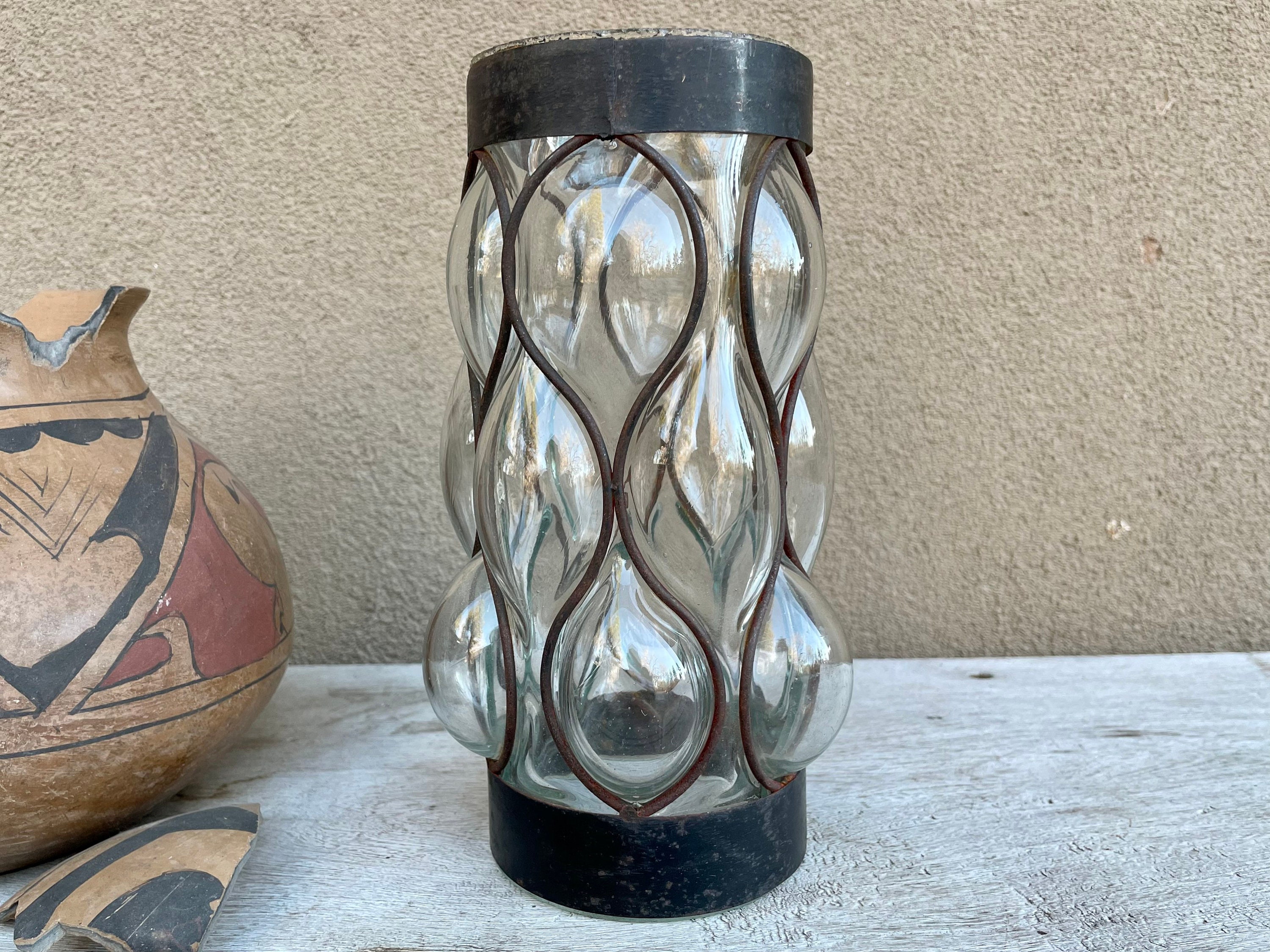 Vintage Mexican Caged Glass Sconce Hand Blown Clear Glass Iron Lantern