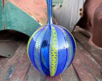 Sam Stang Studio Art Glass Pencil Neck Vase, Banded Blue Yellow Incalmo Technique