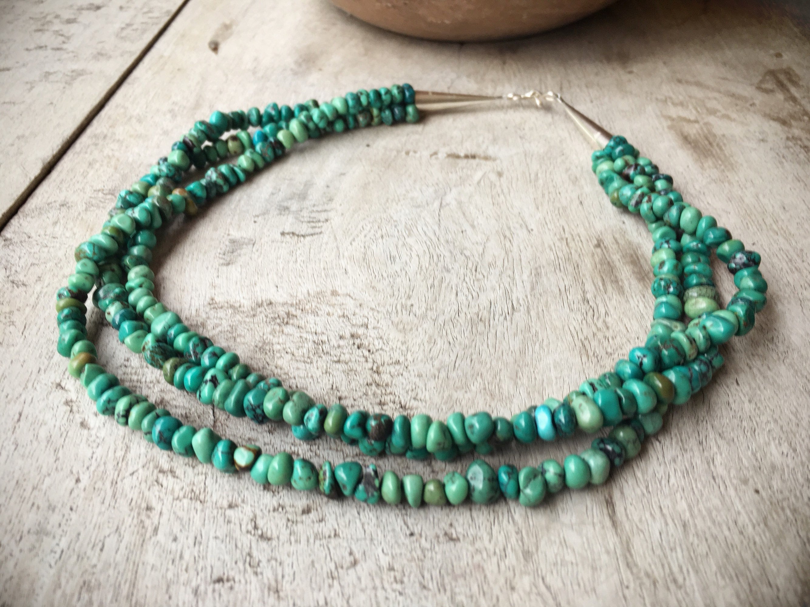 Three Strand Turquoise Nugget Necklace for Women, Authentic Turquoise