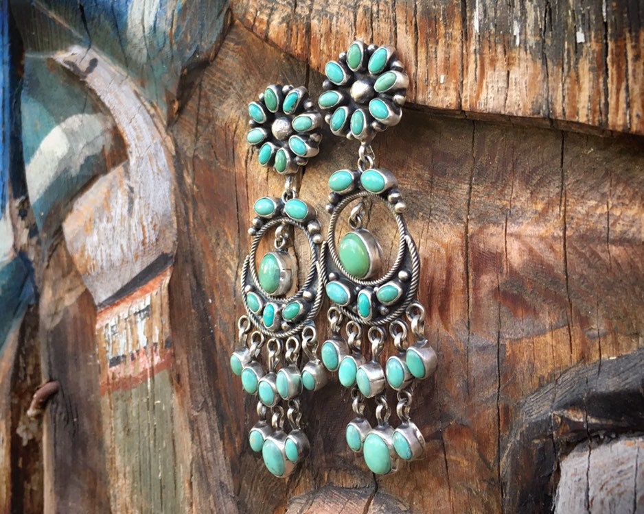 3 Long Cluster Chandelier Turquoise Earrings Sterling Silver