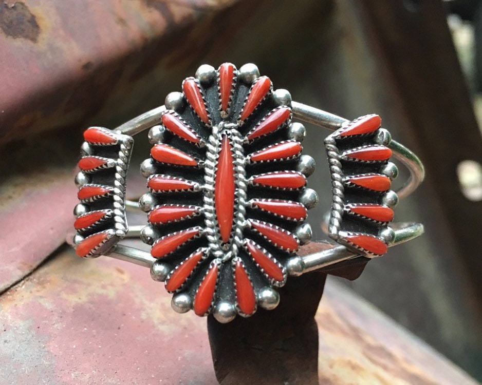 Zuni Petit Point Coral Cuff Bracelet for Women, Native American Indian Jewelry Red Stone