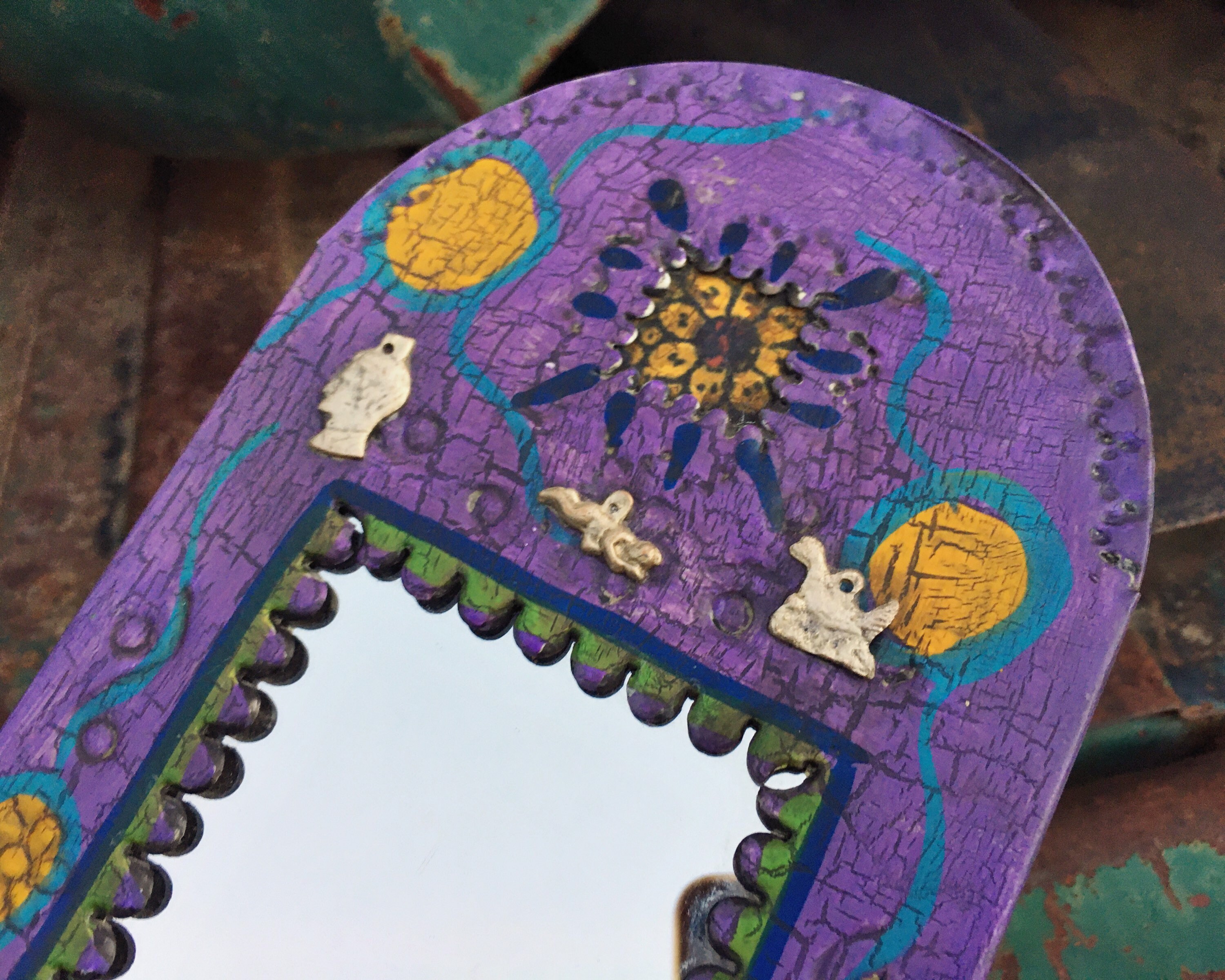 Small Mexican Tin Wall Mirror Painted Purple with Milagros, Folk Art