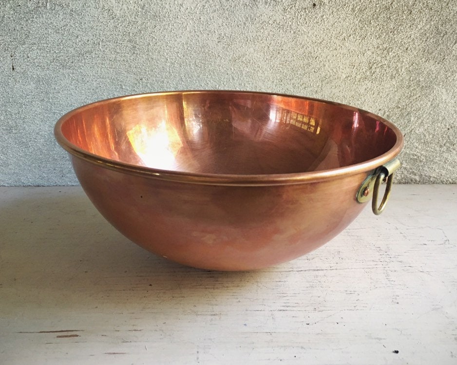 Vintage 10 Round Solid Copper Bowl with Brass Handle, French Style
