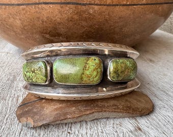 Rare Gaspeite Sterling Silver Cuff Bracelet Size 7.375 by Gloria Valencia, Heavy 103g