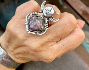 Vintage Navajo Benny Ration Sterling Silver Charoite Yei Figure Ring Size 6.25, Native American