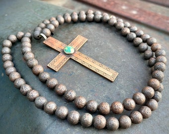 Vintage Textured Copper Bead Necklace w/ Simple Cross Small Natural Turquoise Stone, Catholic Gift